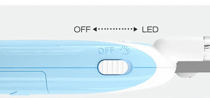 LED electric pet nail clippers showing the switch with OFF and LED indications for safe pet grooming.