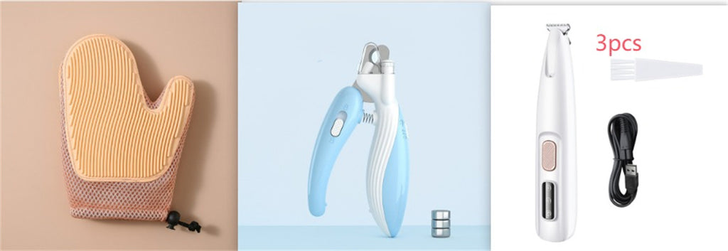 Image showcasing three pet grooming tools: a grooming glove, a blue dog nail trimmer, and a white pet trimmer with accessories.