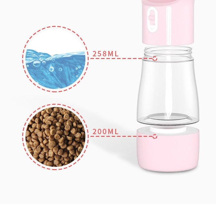 Portable dog water dispenser showing 258ml water capacity and 200g food compartment for travel with pets.