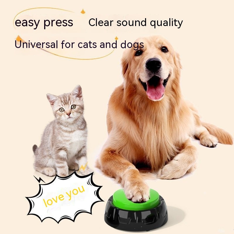 Dog voice button toy with a golden retriever and a kitten showcasing easy press and clear sound quality.