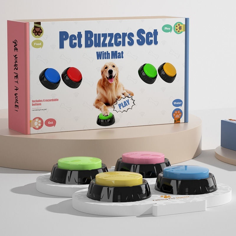 Pet Buzzers Set with Mat, featuring colorful buttons for interactive dog communication, displayed alongside the packaging.