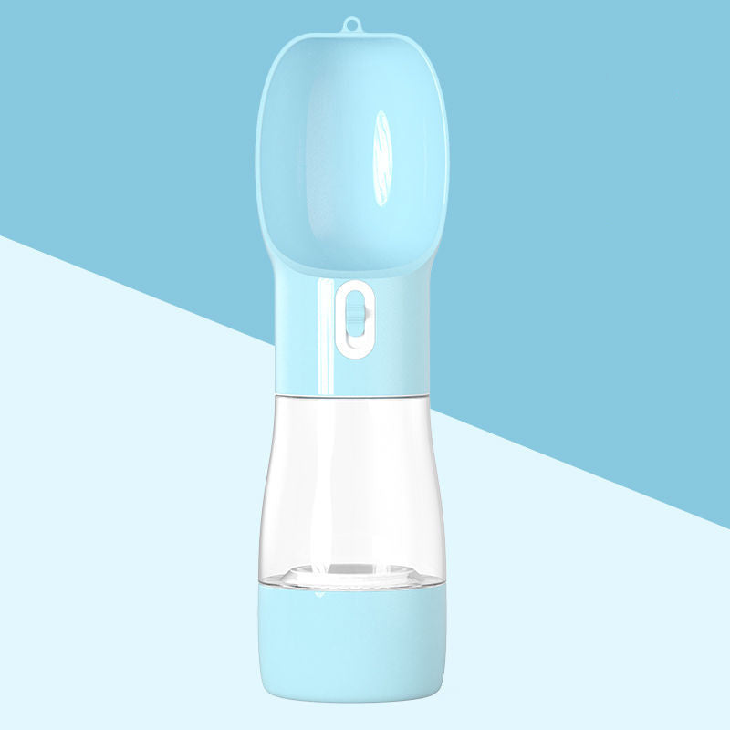 Portable dog water dispenser in blue, perfect for travel and outdoor activities with pets.
