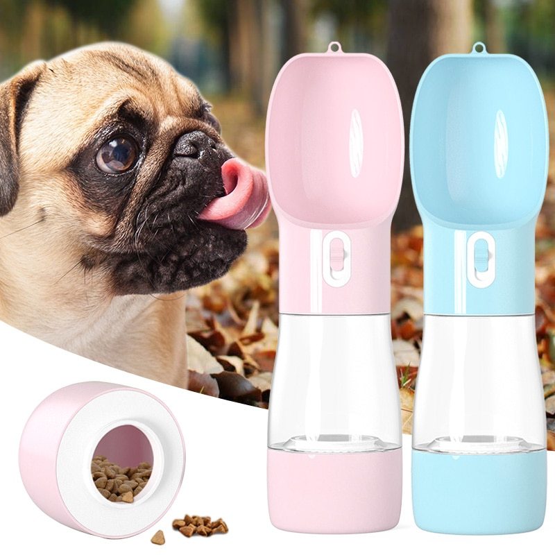 Two portable dog water dispensers in pink and blue, designed for travel, alongside a pug licking its lips outdoors.