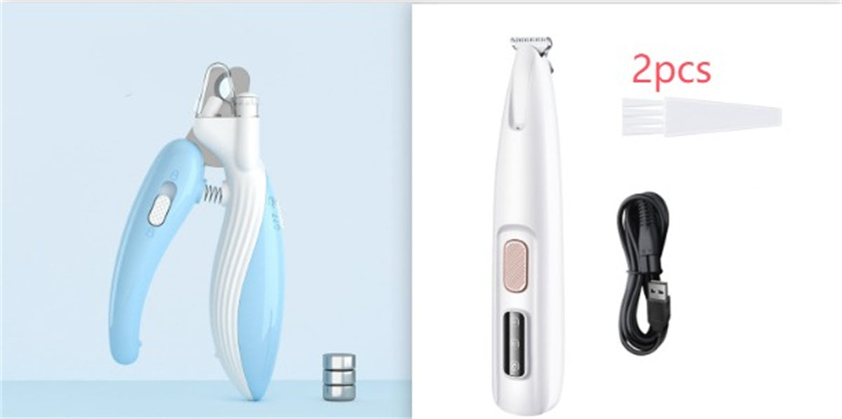 LED dog paw trimmer and accessories including USB charger, cleaning brush, and extra parts for efficient pet grooming.