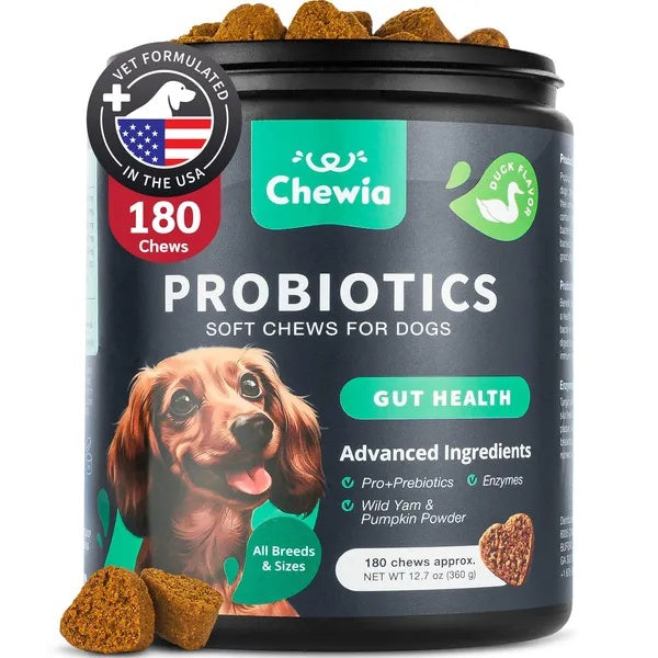 Chewia probiotics soft chews for dogs promoting gut health, featuring advanced ingredients for all breeds and sizes.