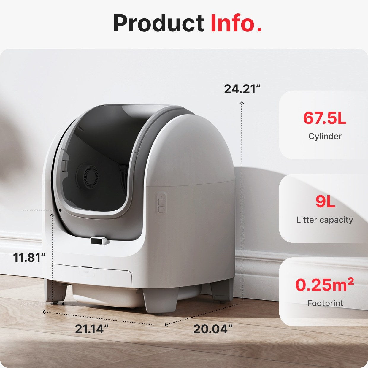 Dimensions and features of the PET MARVEL C1 smart self-cleaning litter box, including size and capacity.