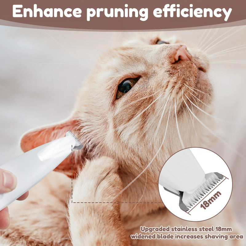 Cat getting groomed with an 18mm stainless steel trimmer that enhances pruning efficiency.