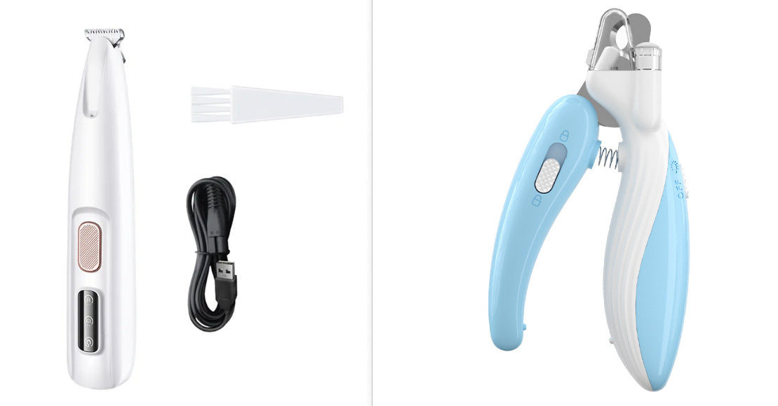 LED dog paw trimmer set, including trimmer, cleaning brush, and USB cable, designed for efficient pet grooming.