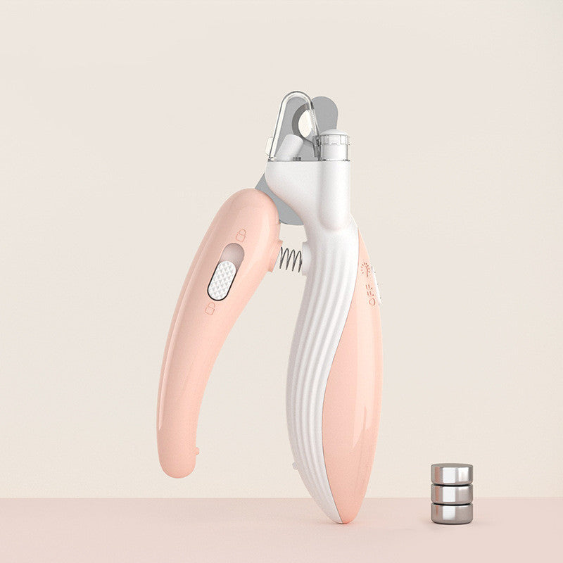 LED electric pet nail clippers designed for safe trimming of small pet claws in a stylish pink and white design.