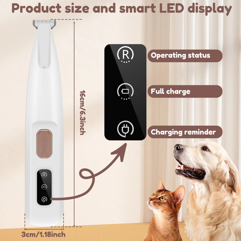 LED dog paw trimmer display showing product size and status indicators, with a dog and cat nearby.