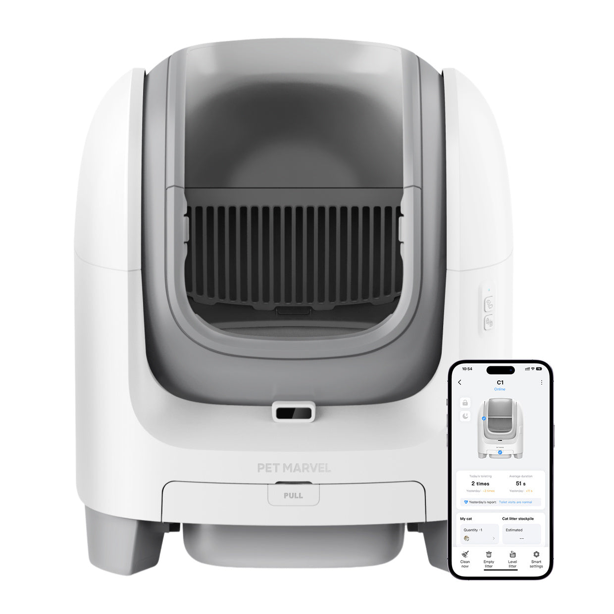 PET MARVEL C1 smart self-cleaning litter box with smartphone app for easy monitoring and control