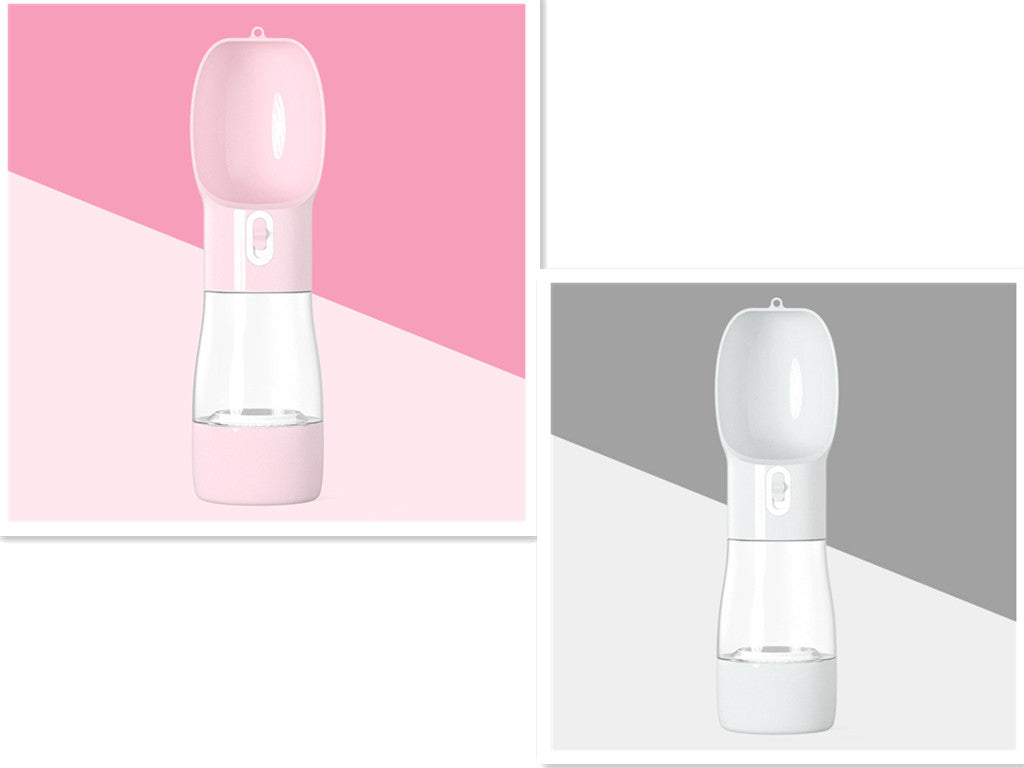 Portable dog water dispenser in pink and white colors, ideal for travel and outdoor activities.
