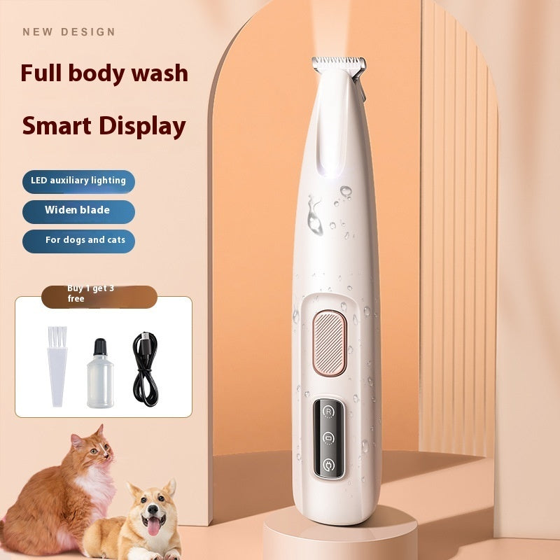 LED dog paw trimmer with smart display for full body wash, designed for dogs and cats, featuring LED light and wide blade.