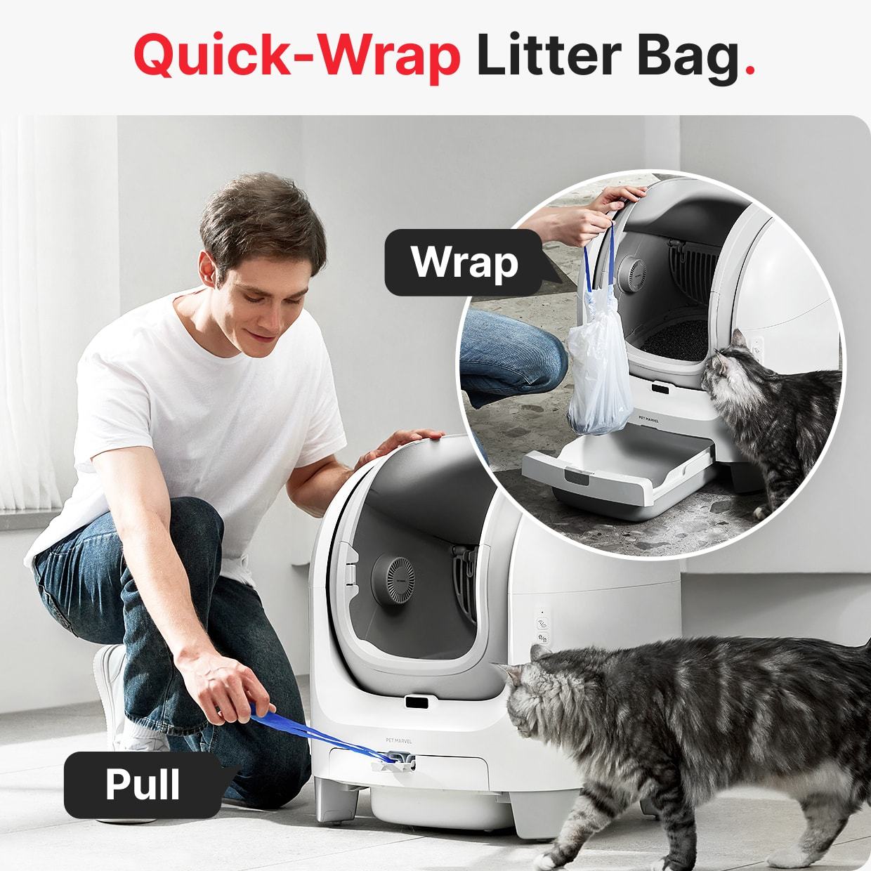 User demonstrating Quick-Wrap litter bag with self-cleaning litter box and cat nearby.