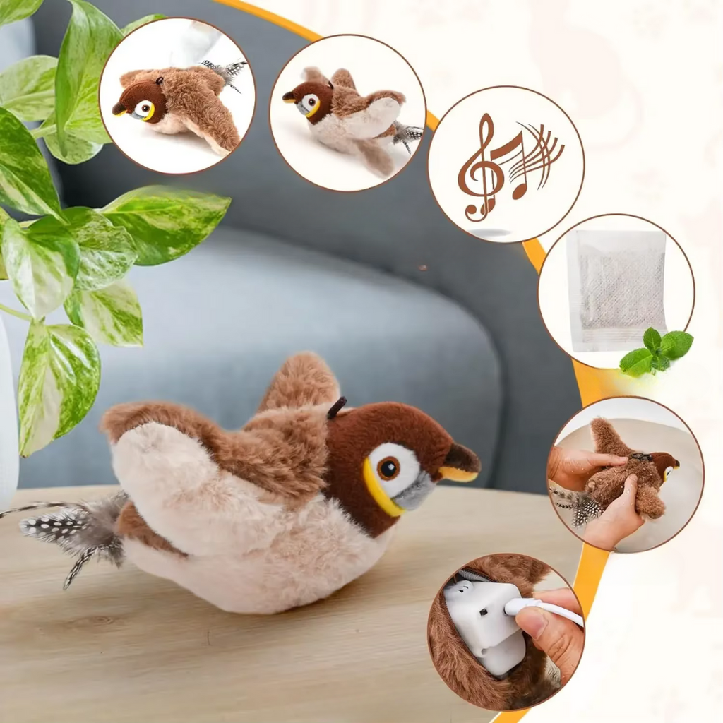 Interactive self-flying bird toy CatCatch in a cozy indoor setting, showcasing its fun features for cats.