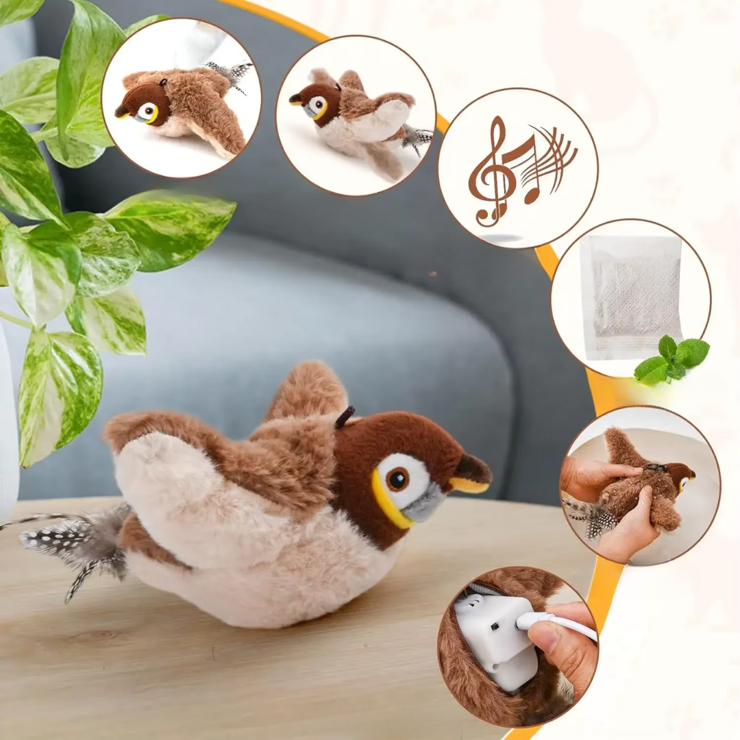 Interactive self-flying bird toy CatCatch in a cozy indoor setting, showcasing its fun features for cats.