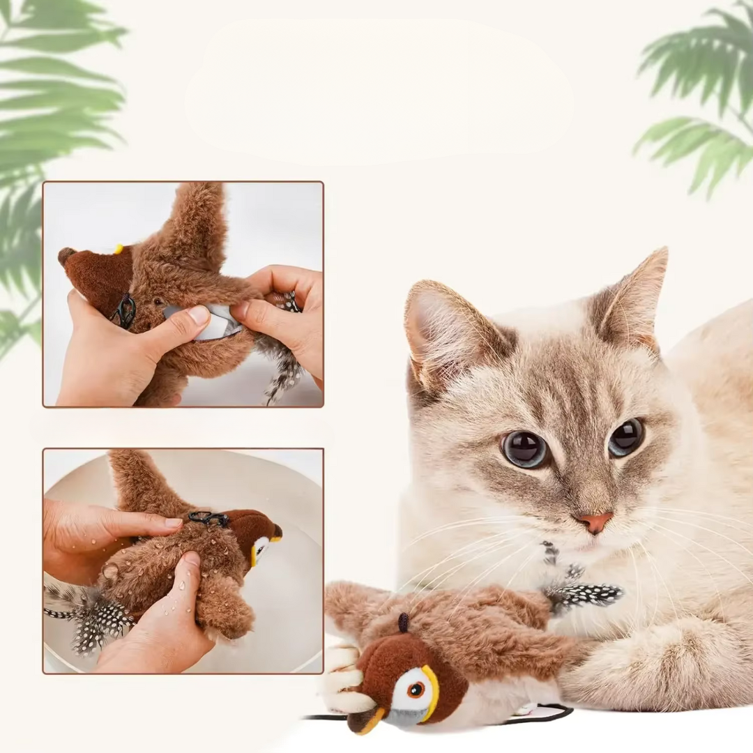 Interactive self-flying bird toy CatCatch in use with a cat, showcasing its feathered design for feline playtime.