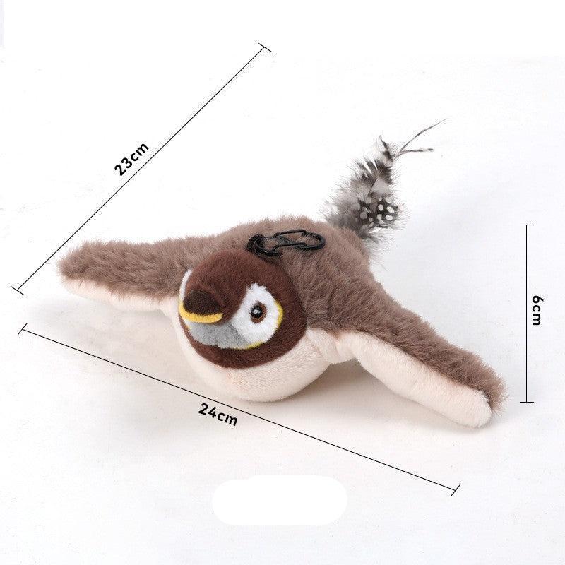 Interactive self-flying bird toy CatCatch for cats, showcasing realistic design and dimensions.