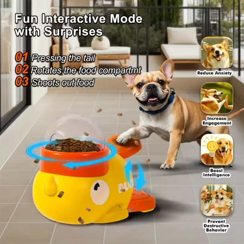 Interactive duck feeder for pets, promoting slow feeding and mental stimulation during mealtime.