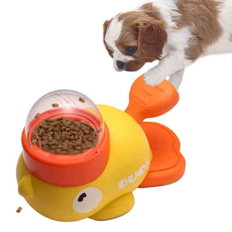 Interactive duck feeder with dog, promoting slow feeding and mental stimulation for pets.
