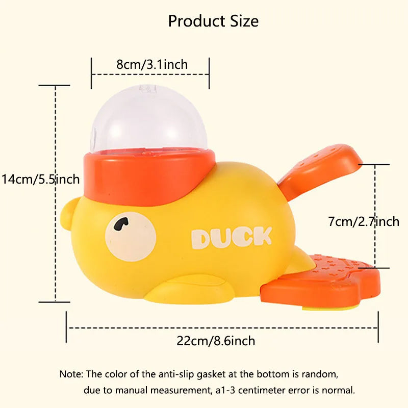Interactive duck feeder dimensions showing product size: 14cm height, 22cm length, and 8cm width.