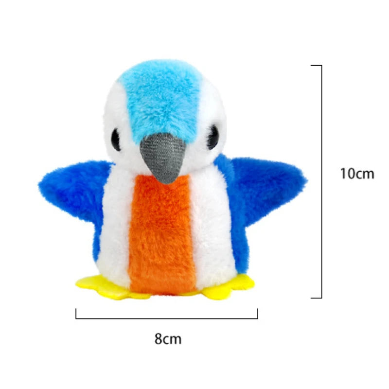 Interactive plush bird toy measuring 10cm tall and 8cm wide, designed for cats to stimulate play.