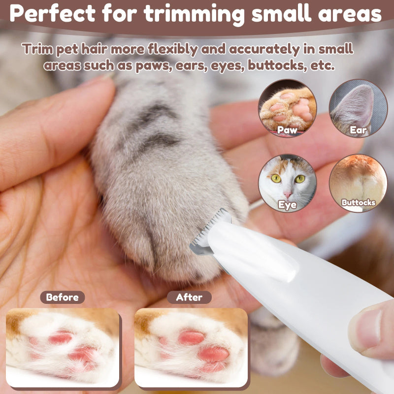 LED dog paw trimmer for precise pet grooming of small areas like paws, ears, and eyes, showcasing before and after results.