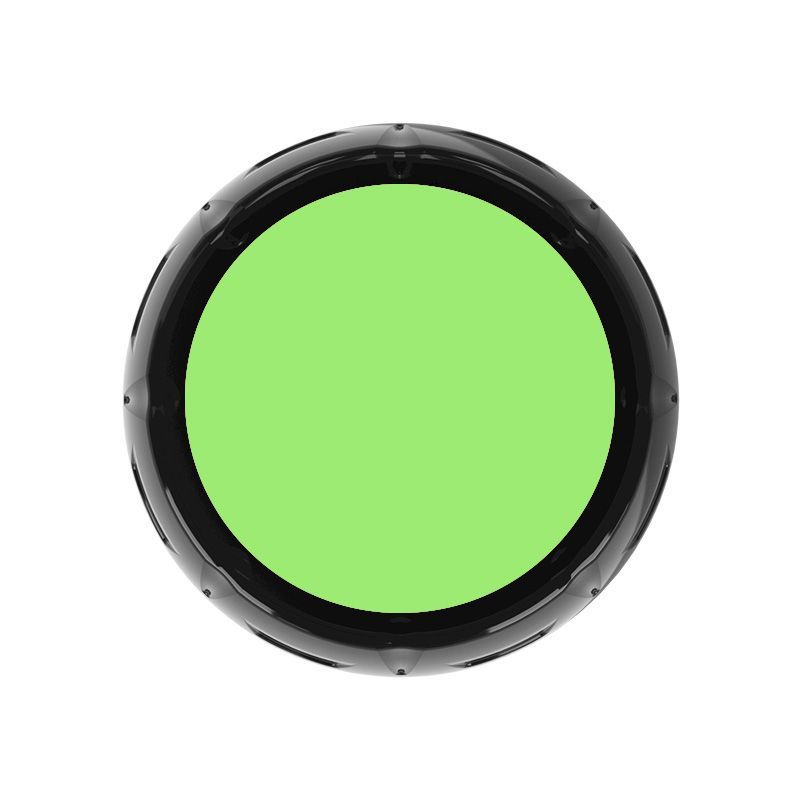 Green button toy for dogs, designed for voice recording and sound activation, with a sturdy black outer frame.