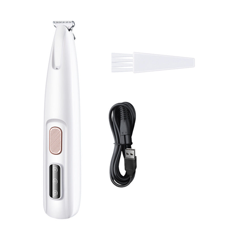 LED dog paw trimmer with USB charging cable and cleaning brush for pet grooming.