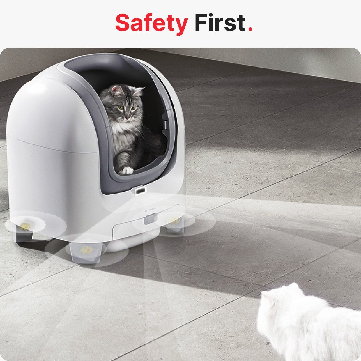 Cat using a smart self-cleaning litter box with safety features, designed for comfort and hygiene.