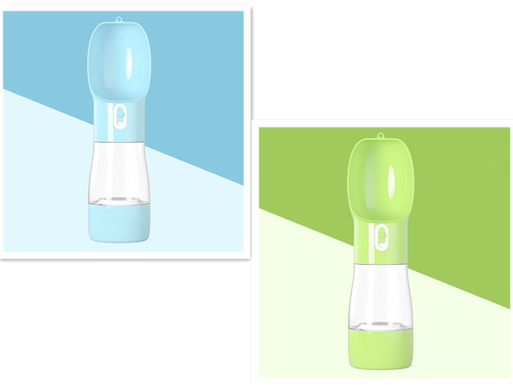 Portable dog water dispenser in blue and green colors, ideal for outdoor travel with pets.